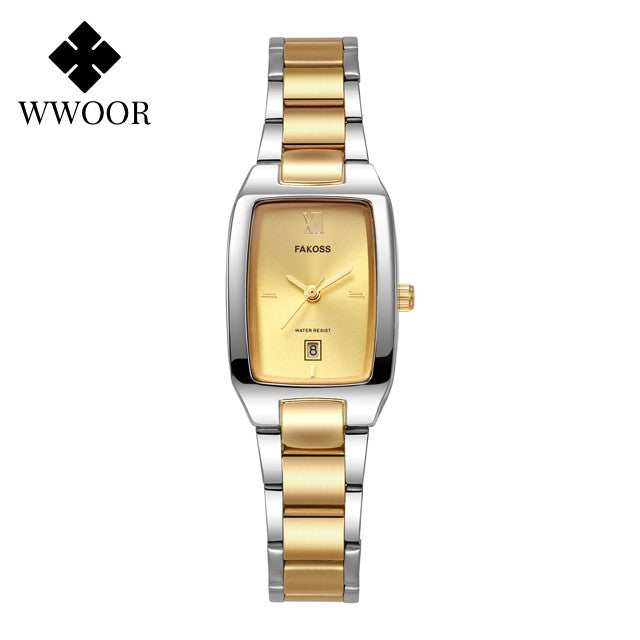 Relógio Feminino WWOOR Luxo Aço Inoxidável com Calendário e 3ATM
