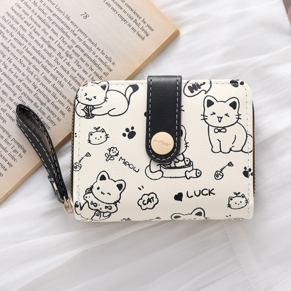 Carteira Feminina Compacta Gatinho Cute em Couro PU com Zíper