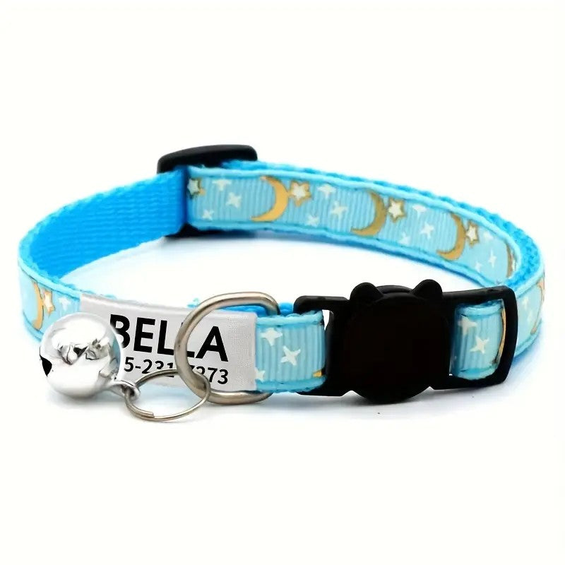 Coleira Personalizada Pet com Estrela e Lua + Plaquinha Gravada e Sino
