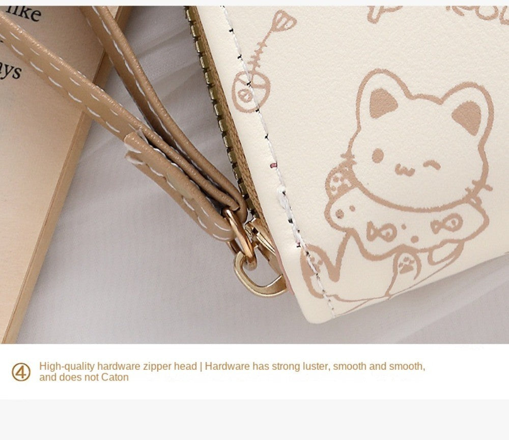 Carteira Feminina Compacta Gatinho Cute em Couro PU com Zíper