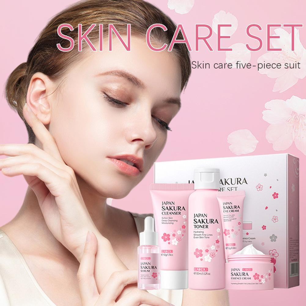 Kit Sakura LAIKOU 3 ou 5 Peças – Cuidados com a Pele, Sérum, Tônico, Creme Facial e Creme para Olhos
