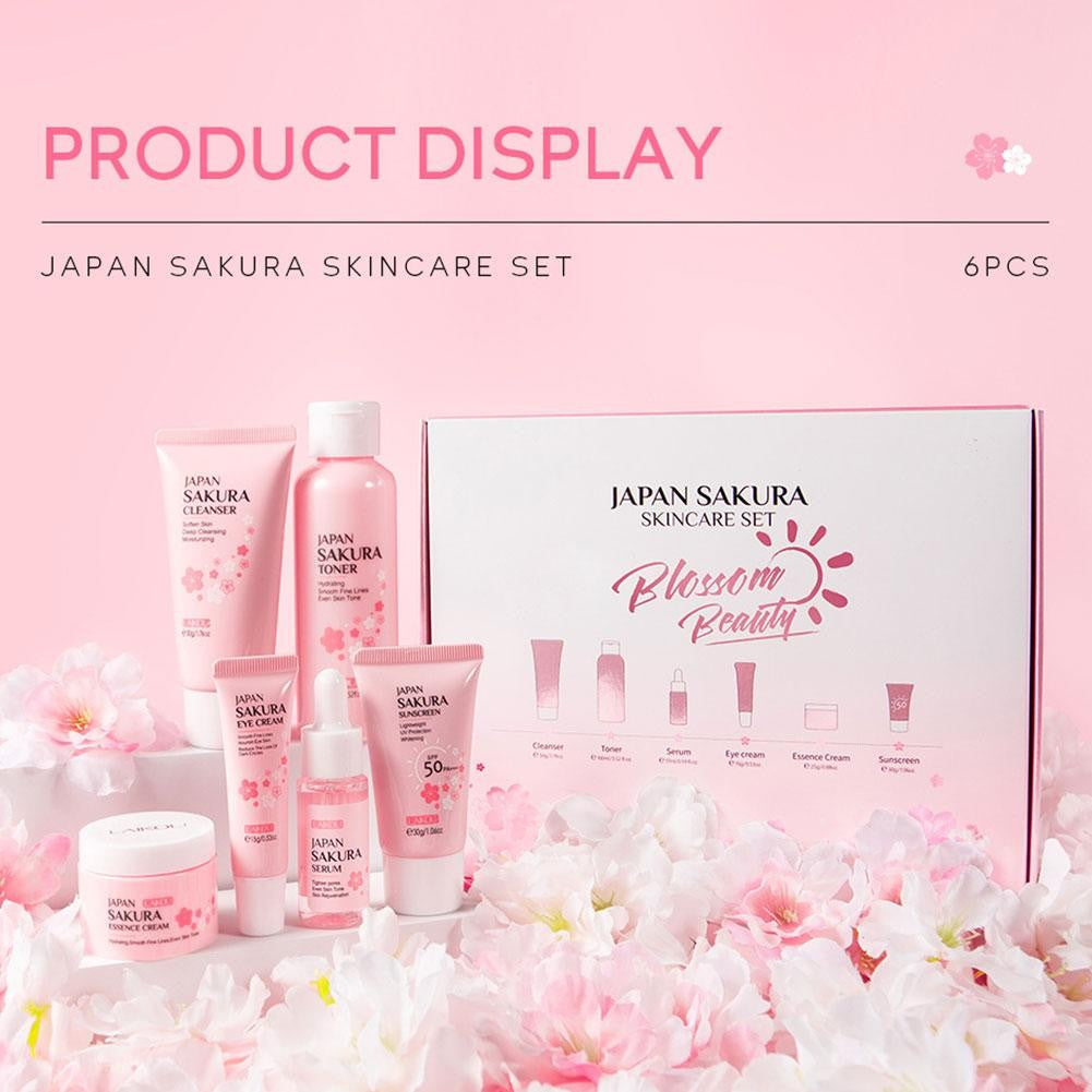 Kit Sakura LAIKOU 6 Itens para Cuidados com a Pele – Limpeza, Sérum, Creme e Protetor Solar Facial
