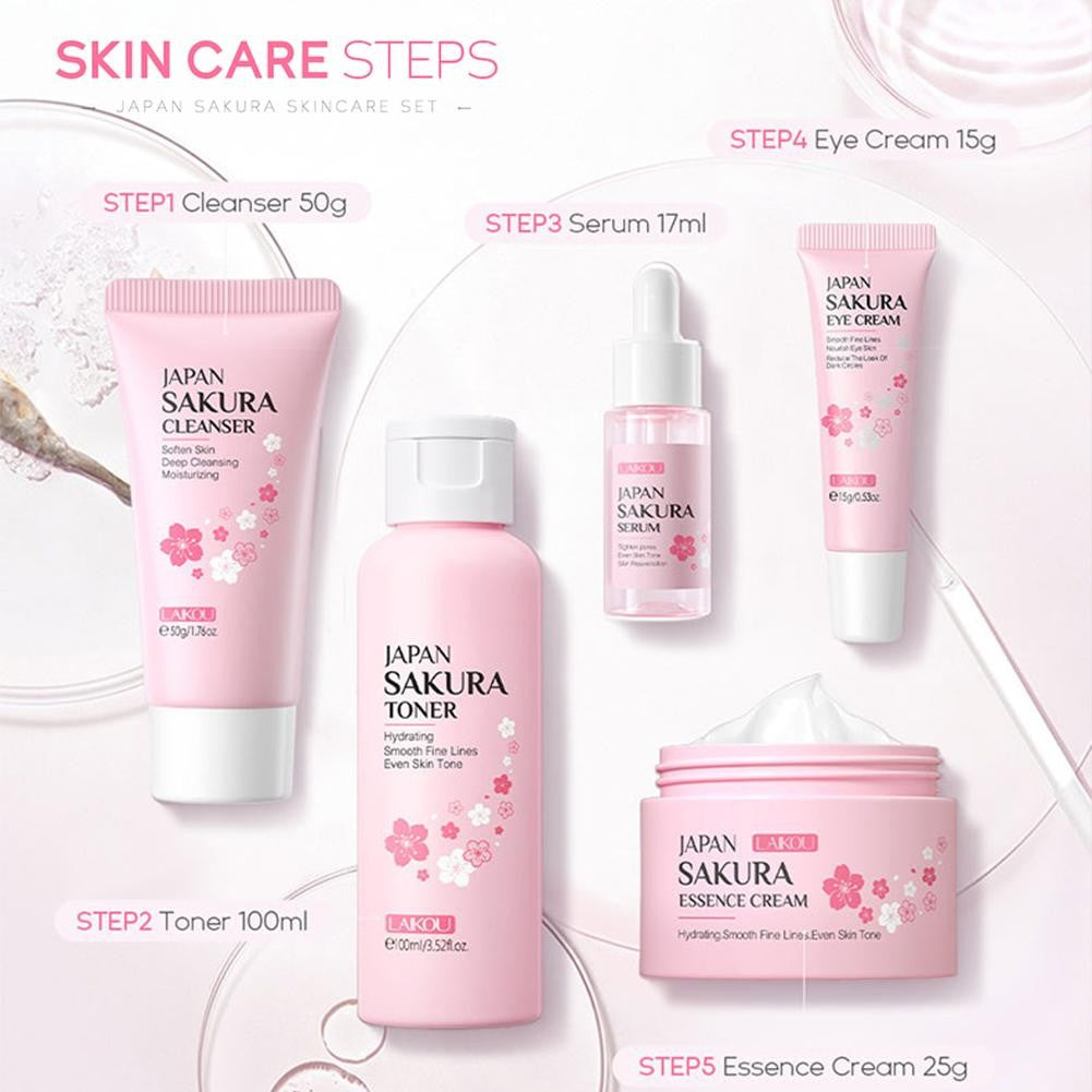 Kit Sakura LAIKOU 3 ou 5 Peças – Cuidados com a Pele, Sérum, Tônico, Creme Facial e Creme para Olhos