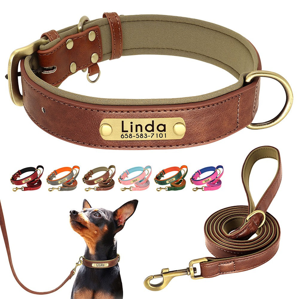 Coleira de Couro Personalizada para Cães com Plaquinha Gravada e Forro Acolchoado
