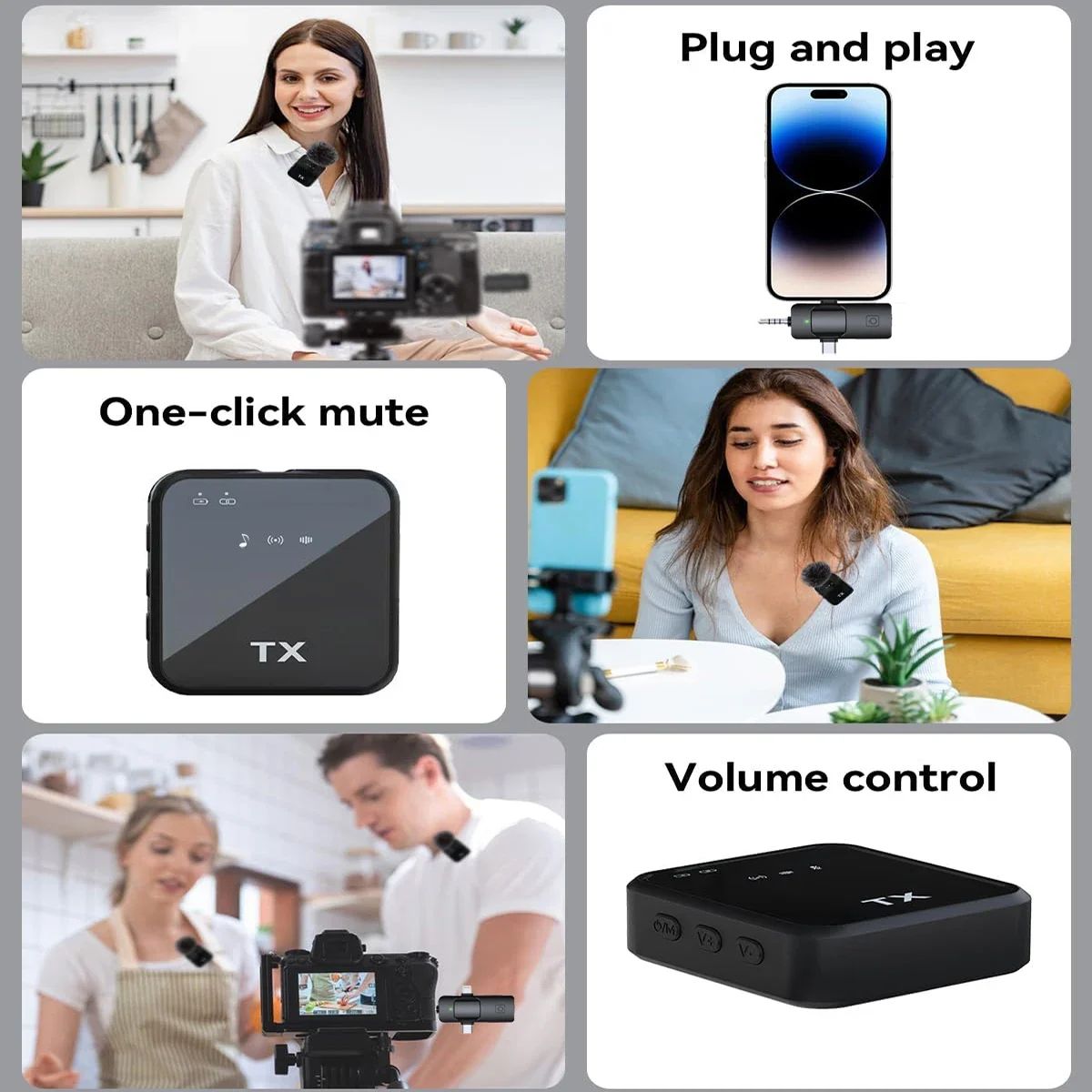 Microfone Lapela Sem Fio 3 em 1 para iPhone, Android e Câmera – Alta Qualidade