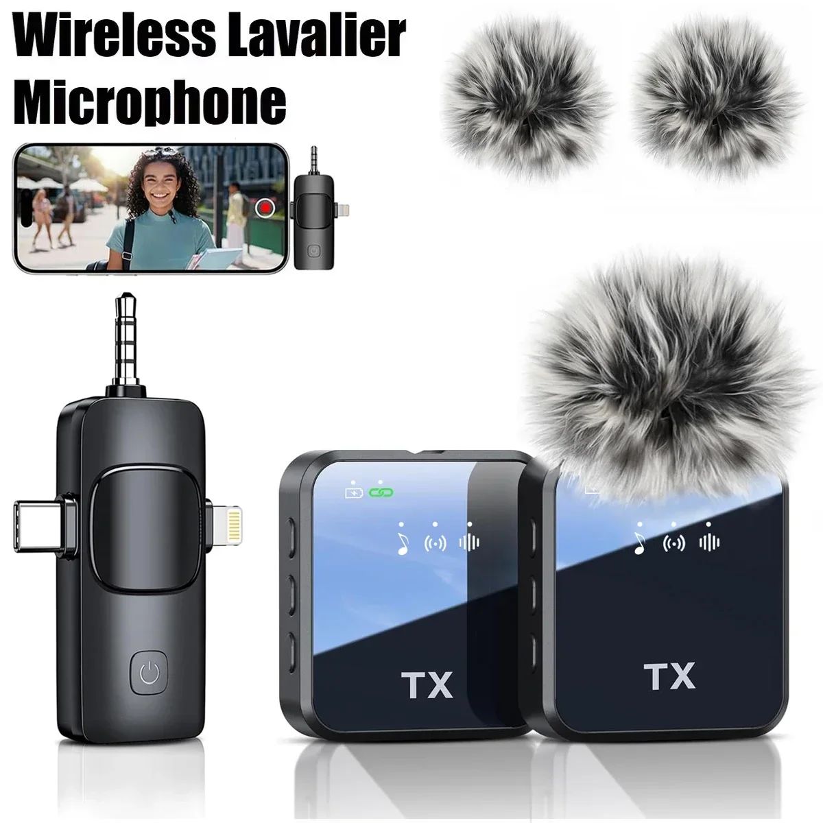 Microfone Lapela Sem Fio 3 em 1 para iPhone, Android e Câmera – Alta Qualidade
