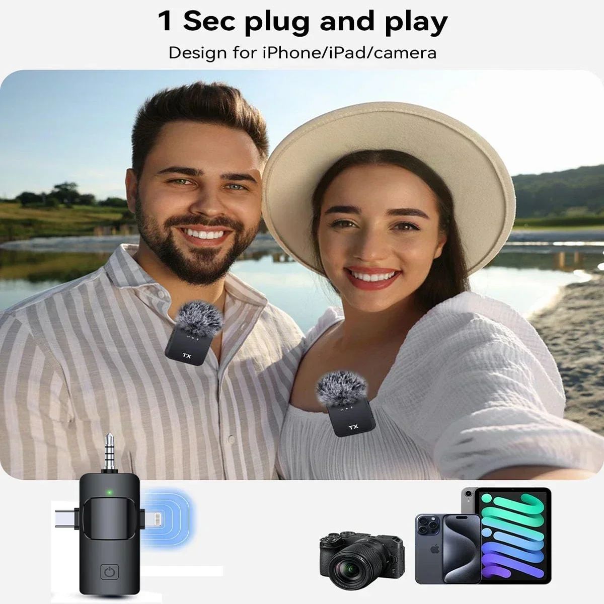Microfone Lapela Sem Fio 3 em 1 para iPhone, Android e Câmera – Alta Qualidade