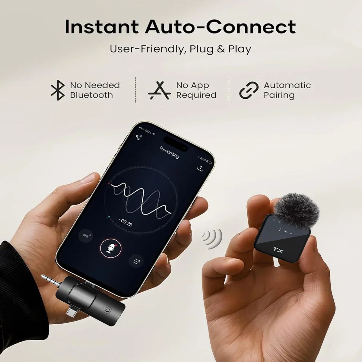 Microfone Lapela Sem Fio 3 em 1 para iPhone, Android e Câmera – Alta Qualidade