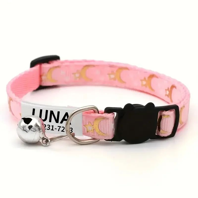 Coleira Personalizada Pet com Estrela e Lua + Plaquinha Gravada e Sino