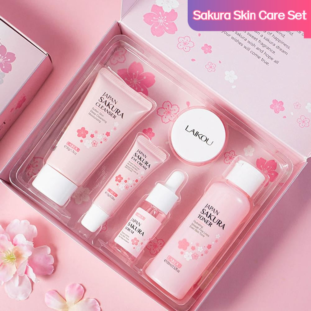 Kit Sakura LAIKOU 3 ou 5 Peças – Cuidados com a Pele, Sérum, Tônico, Creme Facial e Creme para Olhos
