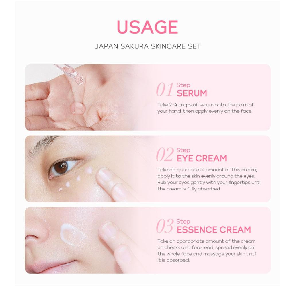 Kit Sakura LAIKOU 3 ou 5 Peças – Cuidados com a Pele, Sérum, Tônico, Creme Facial e Creme para Olhos