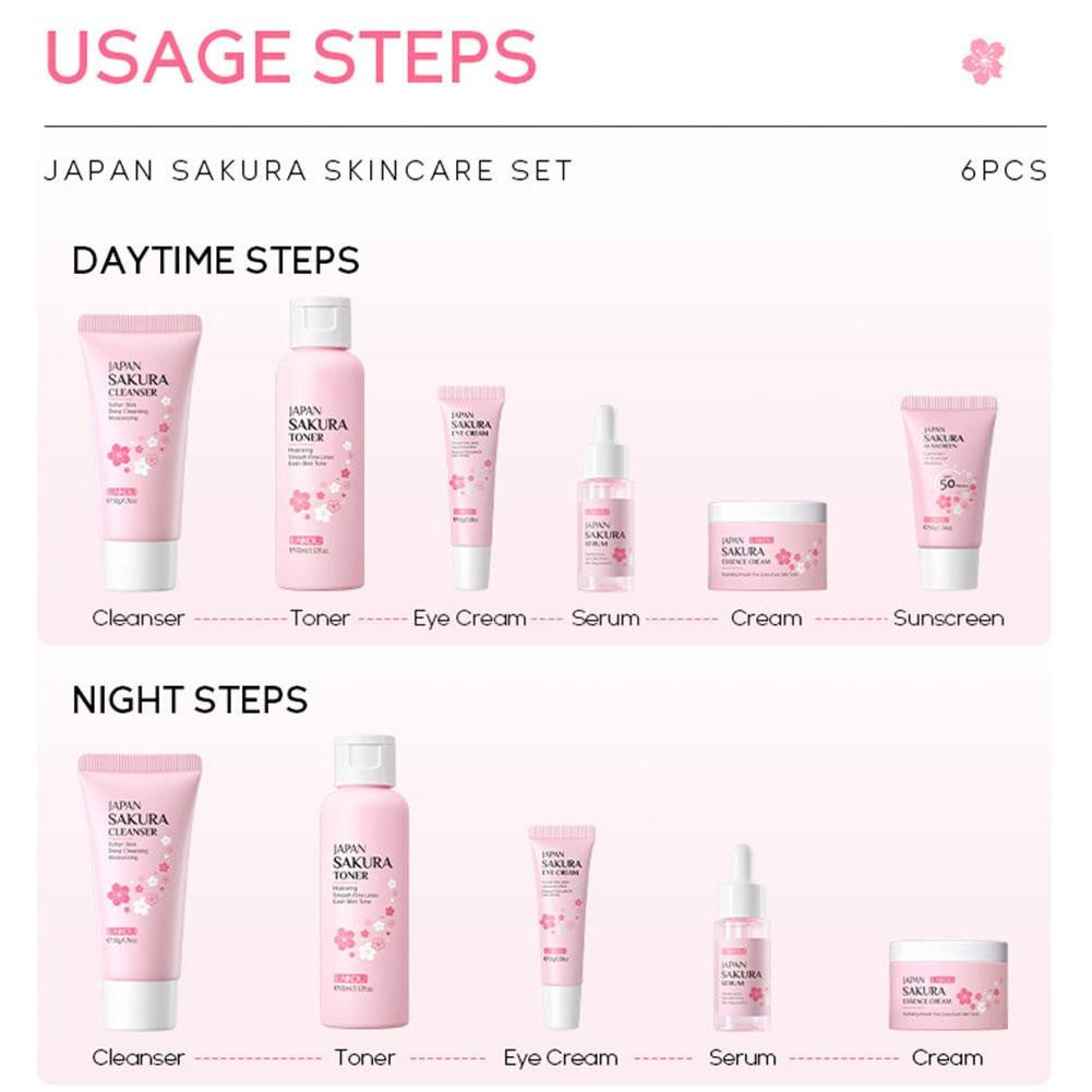 Kit Sakura LAIKOU 6 Itens para Cuidados com a Pele – Limpeza, Sérum, Creme e Protetor Solar Facial