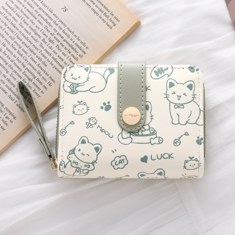 Carteira Feminina Compacta Gatinho Cute em Couro PU com Zíper