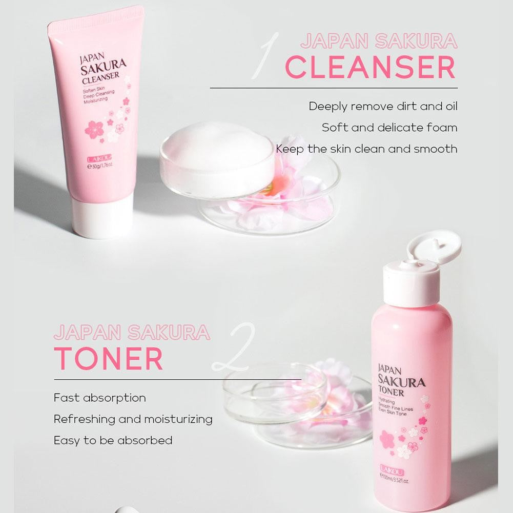 Kit Sakura LAIKOU 6 Itens para Cuidados com a Pele – Limpeza, Sérum, Creme e Protetor Solar Facial