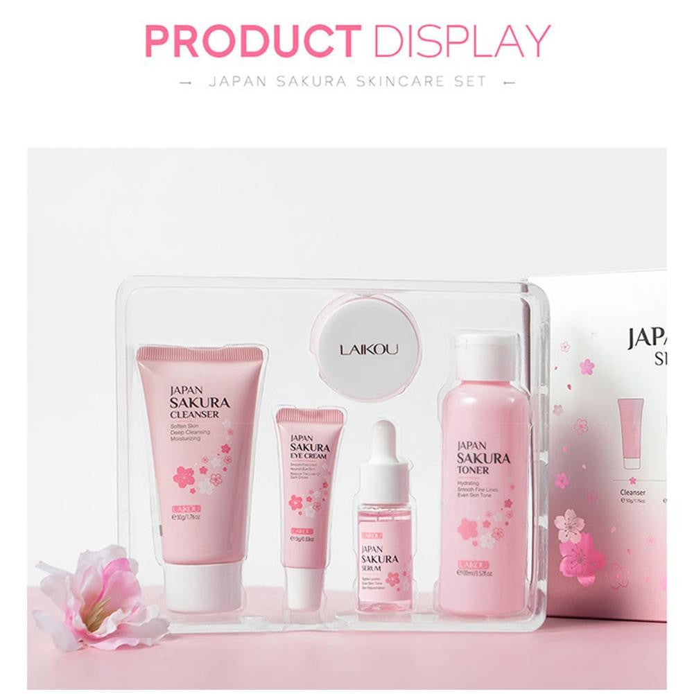 Kit Sakura LAIKOU 3 ou 5 Peças – Cuidados com a Pele, Sérum, Tônico, Creme Facial e Creme para Olhos