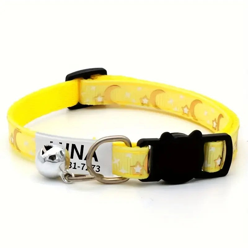 Coleira Personalizada Pet com Estrela e Lua + Plaquinha Gravada e Sino