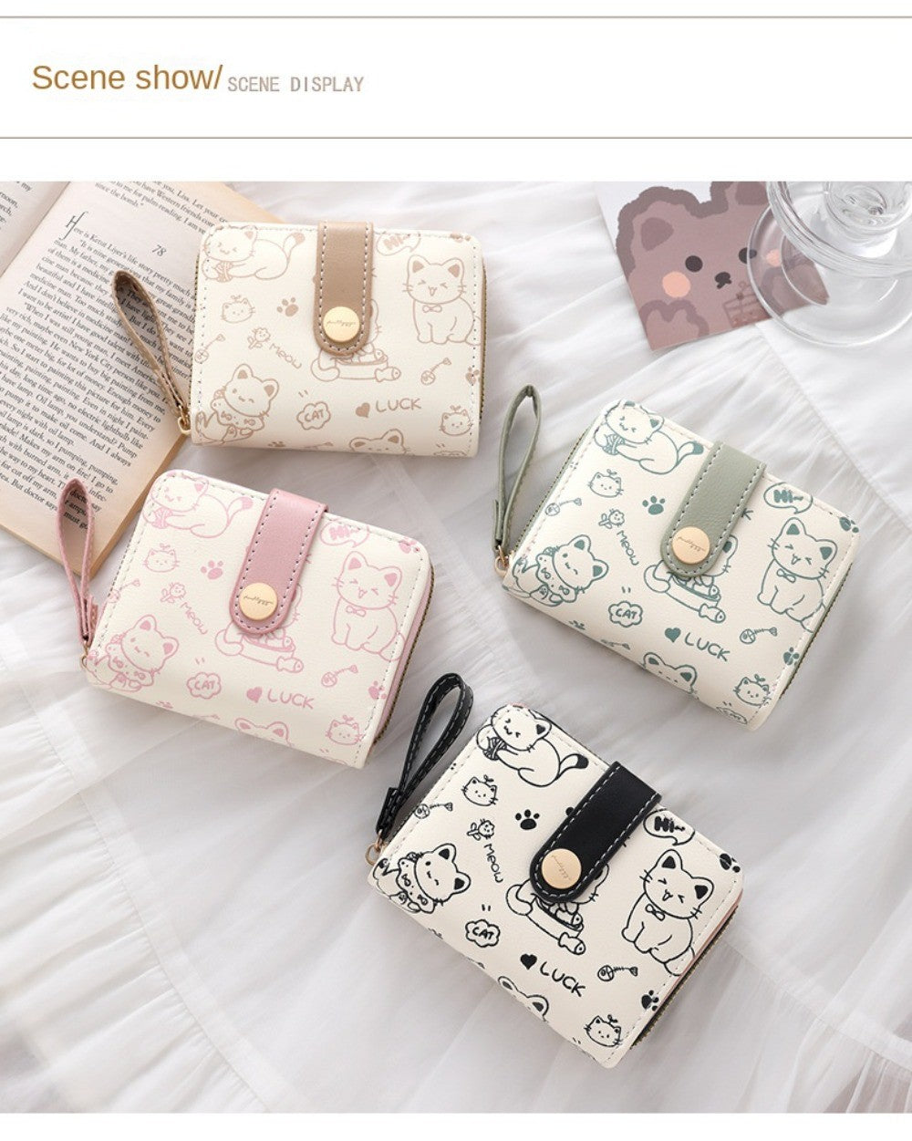 Carteira Feminina Compacta Gatinho Cute em Couro PU com Zíper