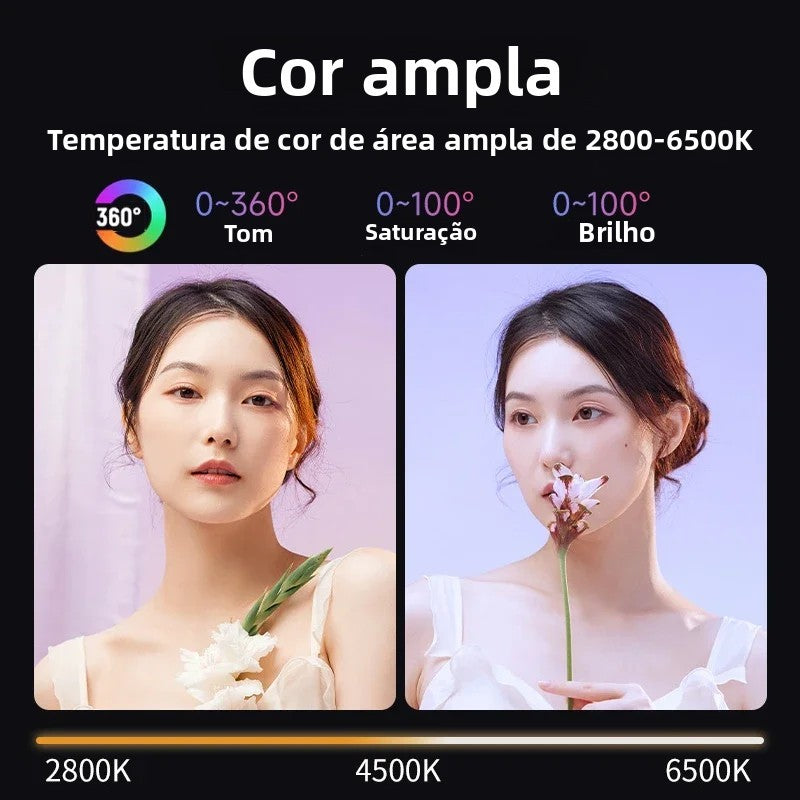 Luz de Vídeo LED RGB Portátil Recarregável 10000mAh para Vlog, Live e Fotos
