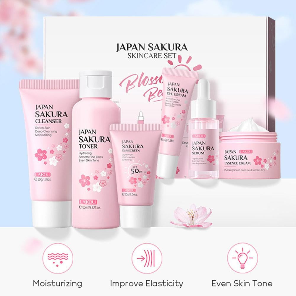 Kit Sakura LAIKOU 6 Itens para Cuidados com a Pele – Limpeza, Sérum, Creme e Protetor Solar Facial