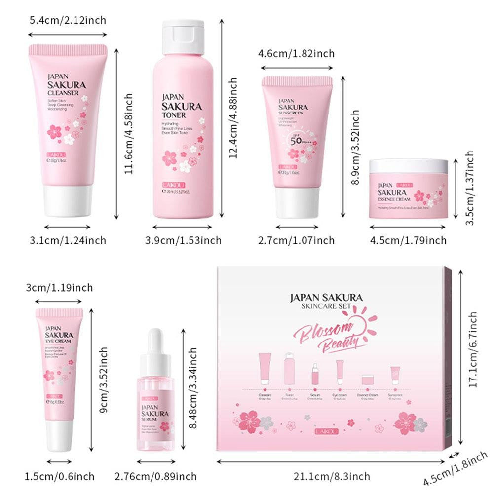 Kit Sakura LAIKOU 6 Itens para Cuidados com a Pele – Limpeza, Sérum, Creme e Protetor Solar Facial
