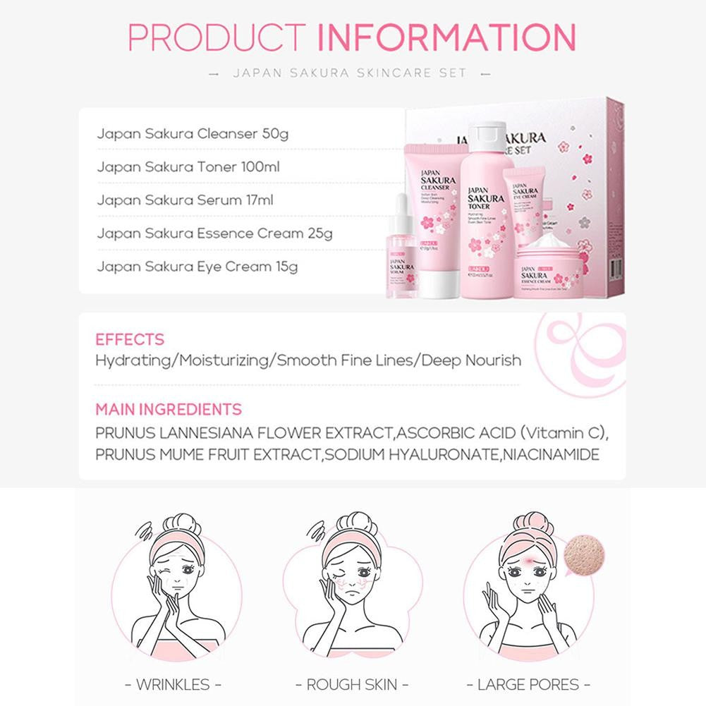 Kit Sakura LAIKOU 3 ou 5 Peças – Cuidados com a Pele, Sérum, Tônico, Creme Facial e Creme para Olhos