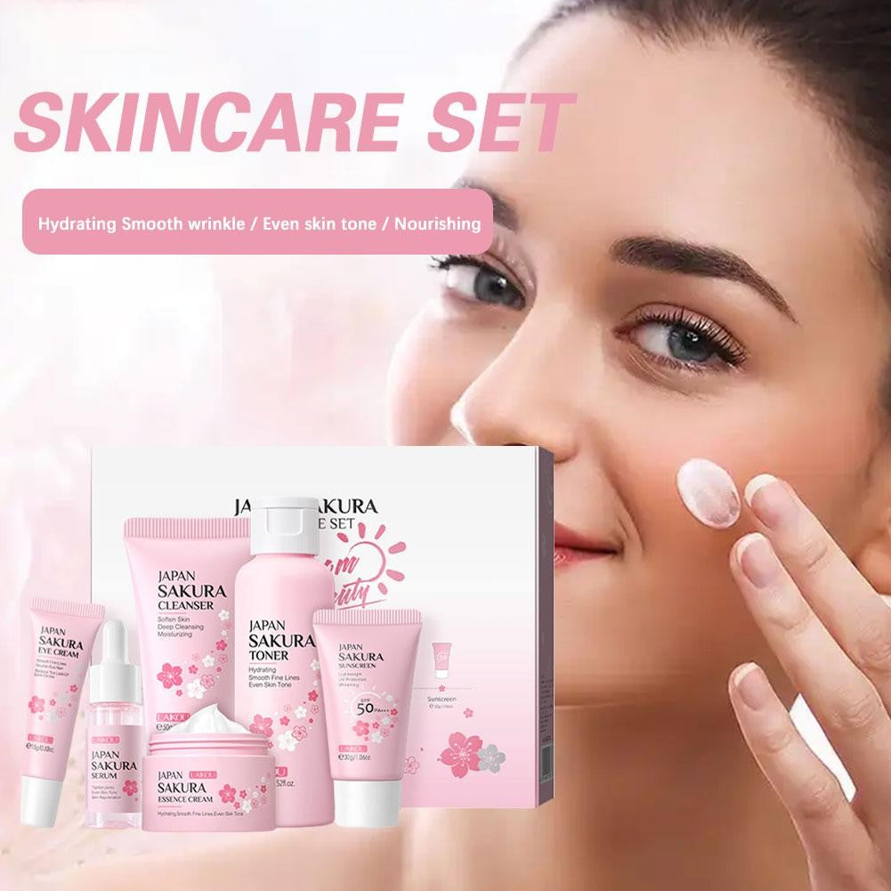 Kit Sakura LAIKOU 6 Itens para Cuidados com a Pele – Limpeza, Sérum, Creme e Protetor Solar Facial