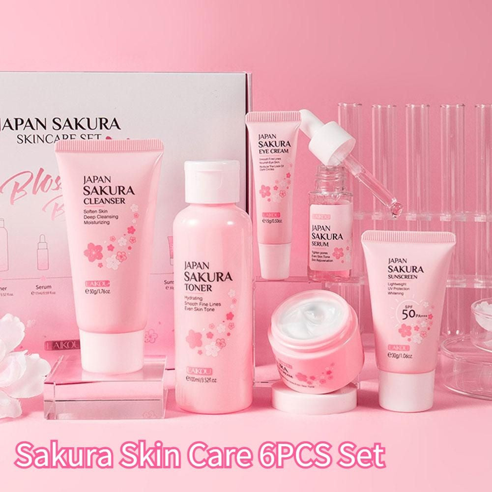 Kit Sakura LAIKOU 6 Itens para Cuidados com a Pele – Limpeza, Sérum, Creme e Protetor Solar Facial