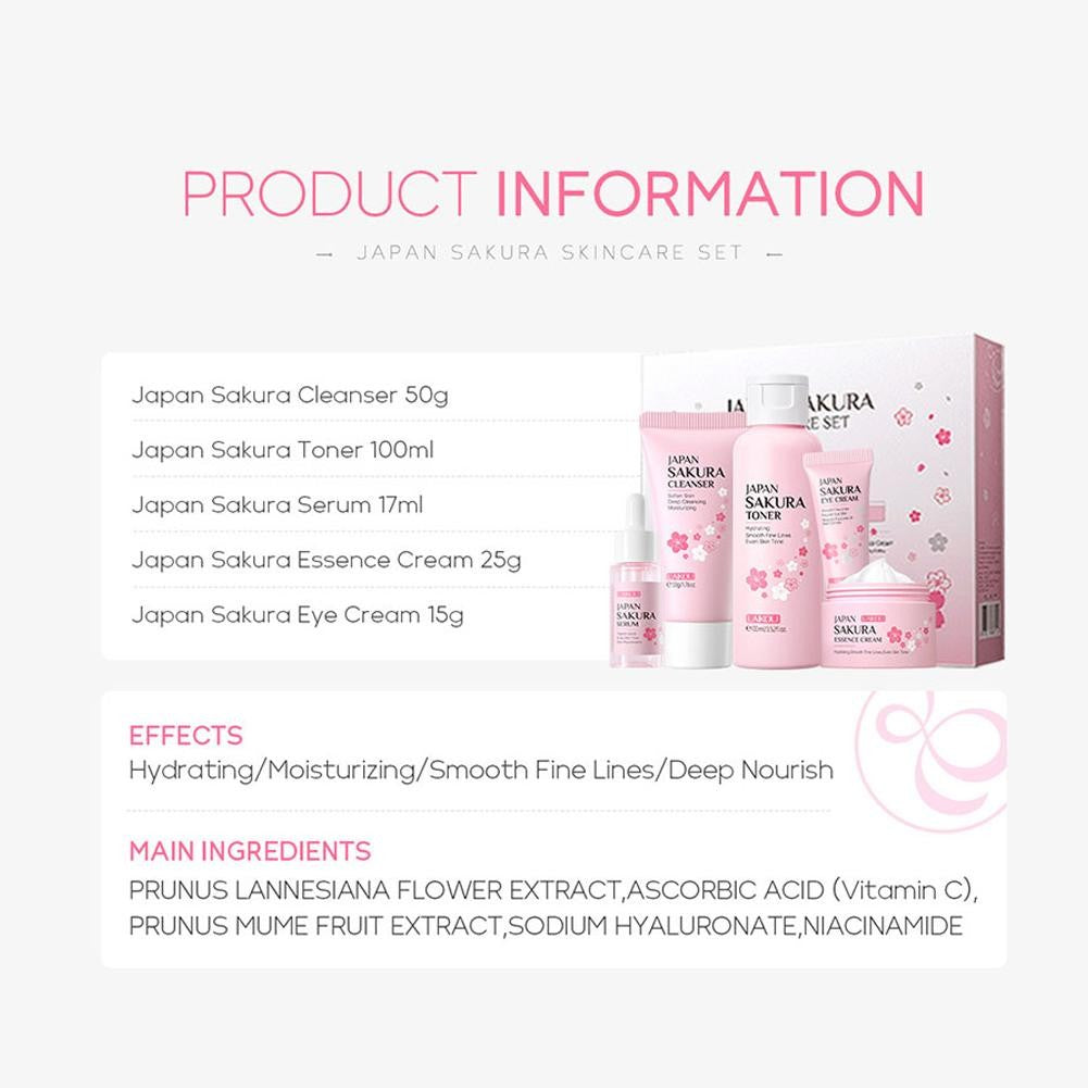 Kit Sakura LAIKOU 3 ou 5 Peças – Cuidados com a Pele, Sérum, Tônico, Creme Facial e Creme para Olhos