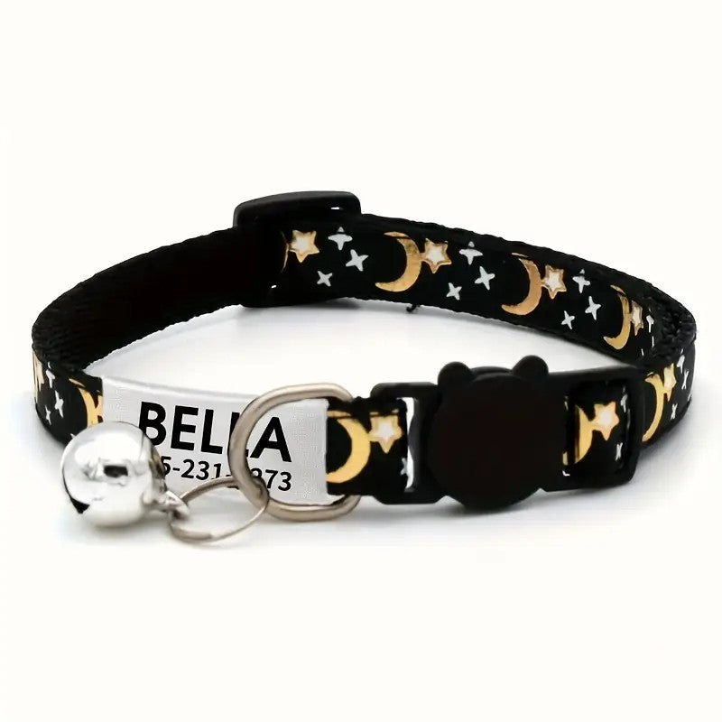 Coleira Personalizada Pet com Estrela e Lua + Plaquinha Gravada e Sino