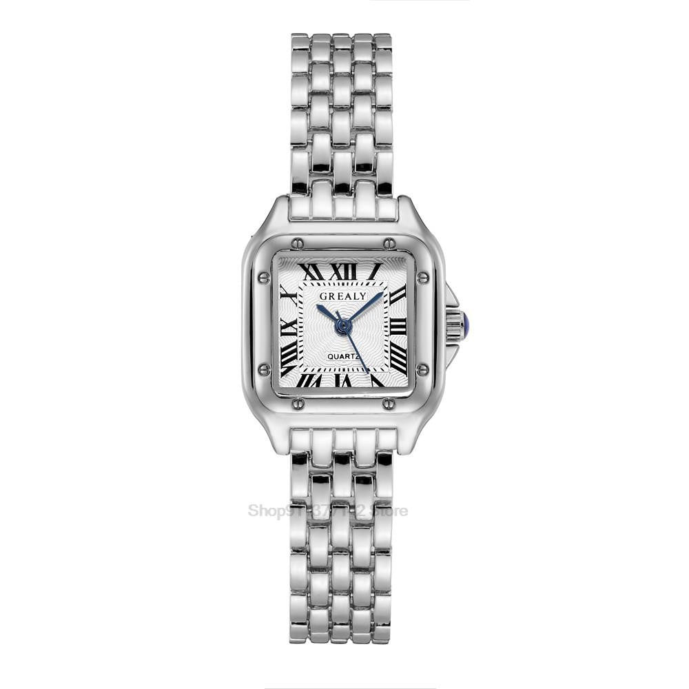 Relógio Feminino Luxo Quadrado Dourado com Números Romanos
