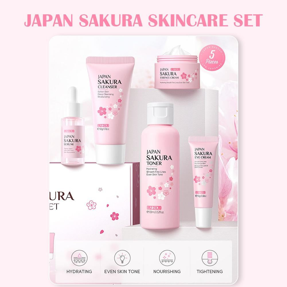Kit Sakura LAIKOU 3 ou 5 Peças – Cuidados com a Pele, Sérum, Tônico, Creme Facial e Creme para Olhos