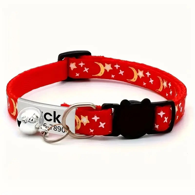 Coleira Personalizada Pet com Estrela e Lua + Plaquinha Gravada e Sino