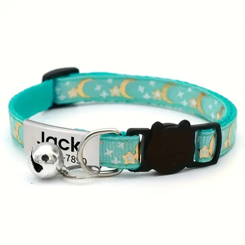 Coleira Personalizada Pet com Estrela e Lua + Plaquinha Gravada e Sino
