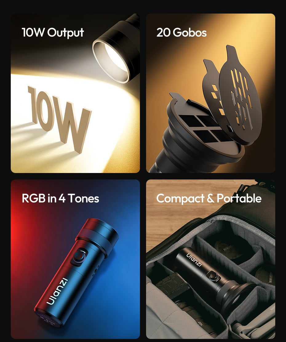 Ulanzi LM01 Luz LED RGB de Projeção com Gobos e Bateria 7500mAh para Vídeo