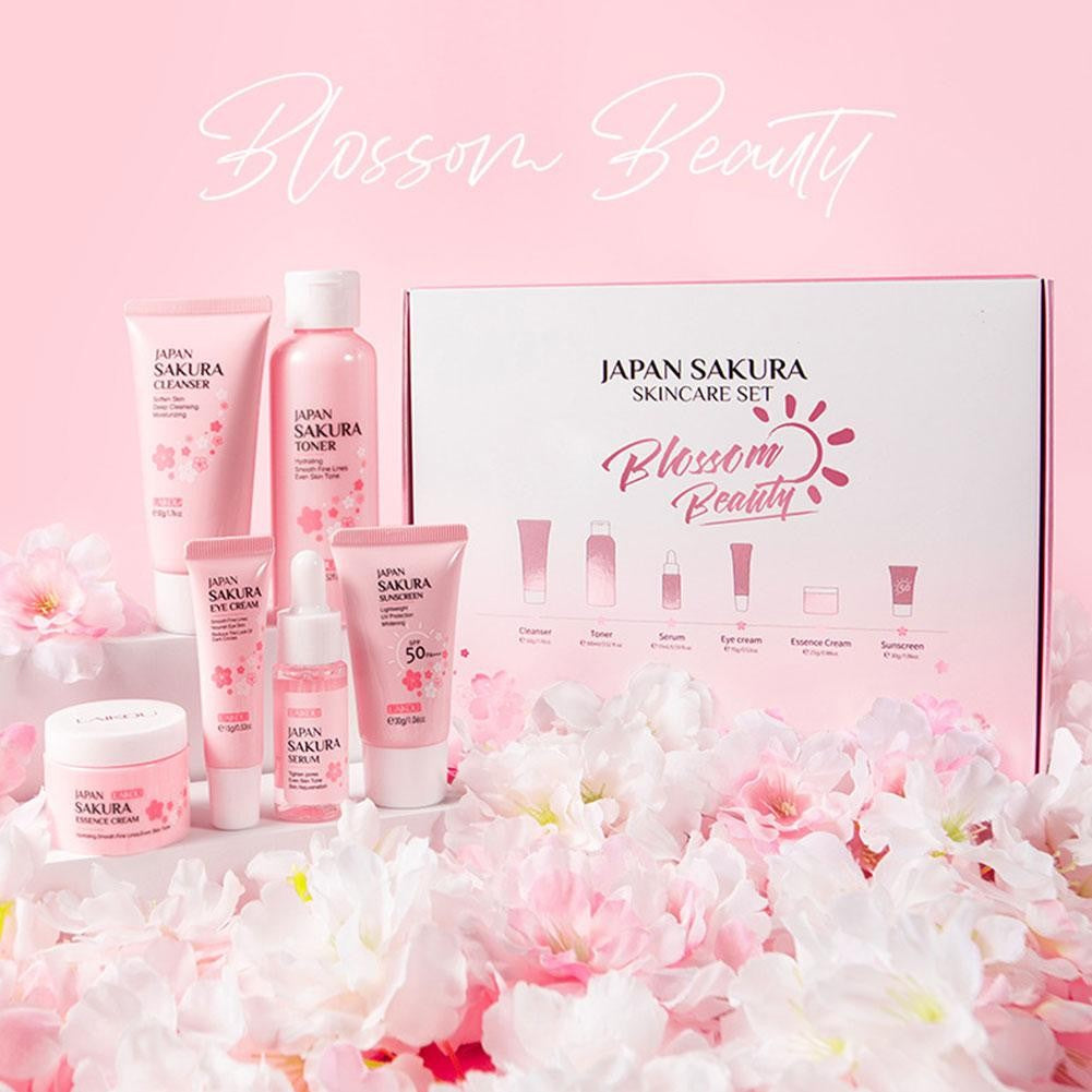 Kit Sakura LAIKOU 6 Itens para Cuidados com a Pele – Limpeza, Sérum, Creme e Protetor Solar Facial
