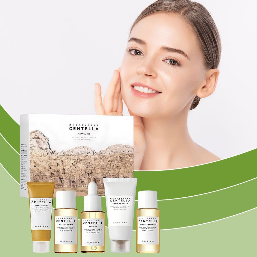 Kit de Viagem Centella Asiática Hidratante – 5 Itens para Cuidados com a Pele, Reduz Secura e Acalma a Pele