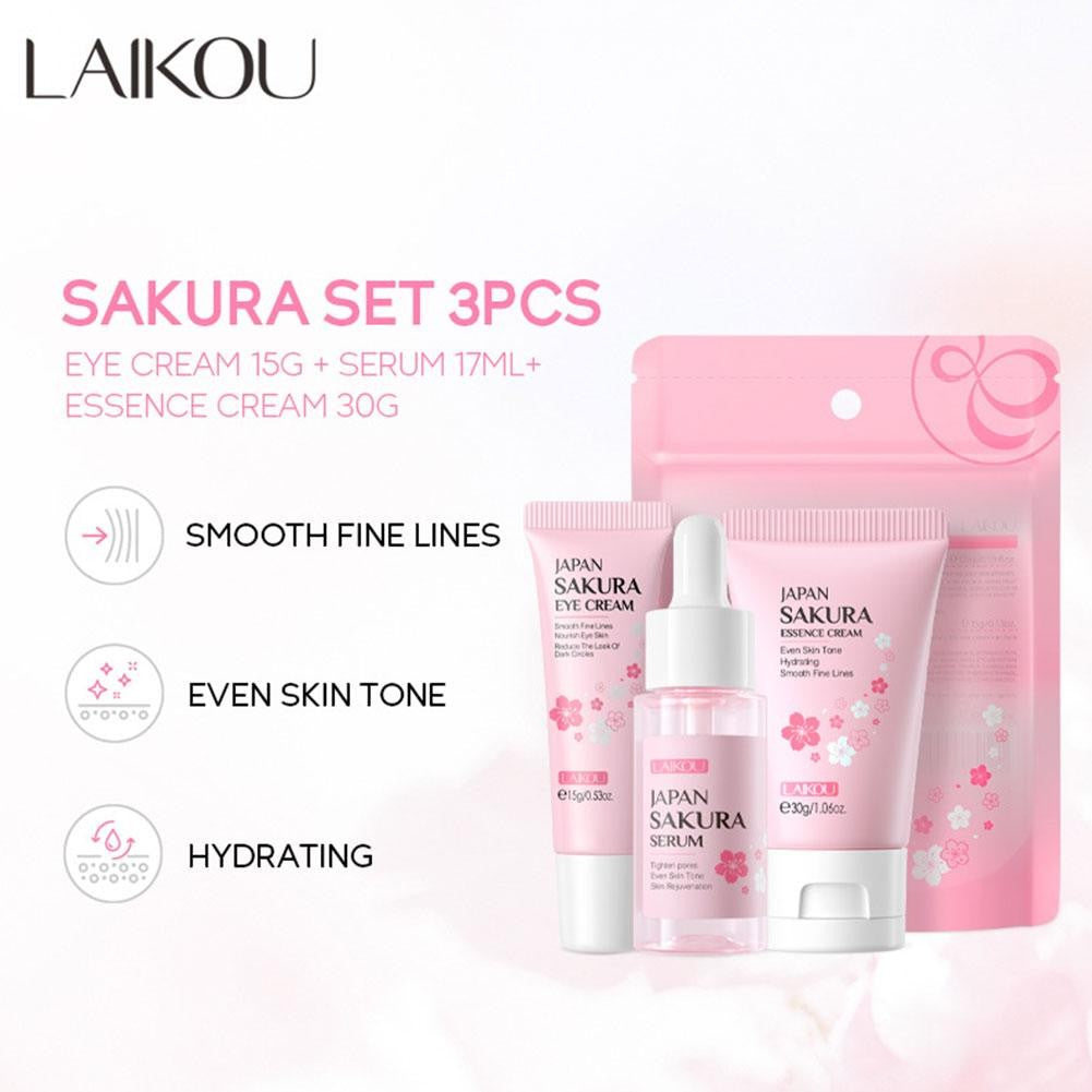 Kit Sakura LAIKOU 3 ou 5 Peças – Cuidados com a Pele, Sérum, Tônico, Creme Facial e Creme para Olhos