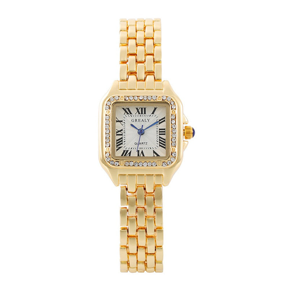 Relógio Feminino Luxo Quadrado Dourado com Números Romanos