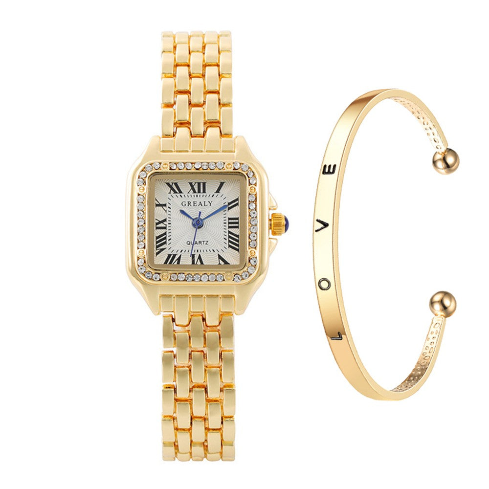 Relógio Feminino Luxo Quadrado Dourado com Números Romanos