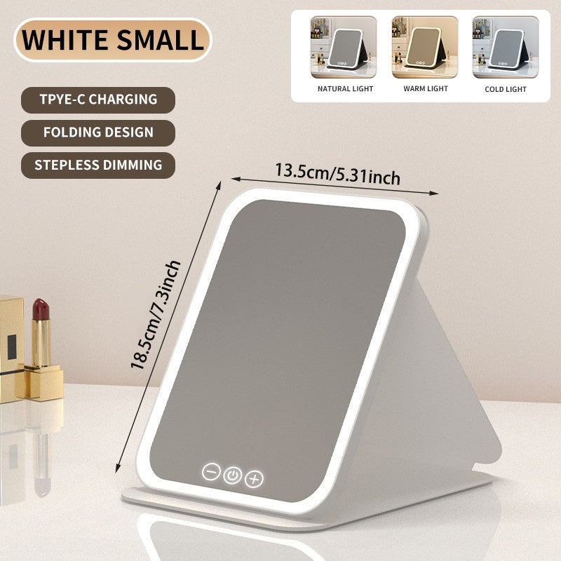Espelho de Maquiagem LED Dobrável Recarregável com 3 Tons de Luz
