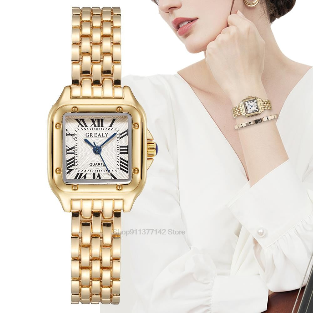 Relógio Feminino Luxo Quadrado Dourado com Números Romanos