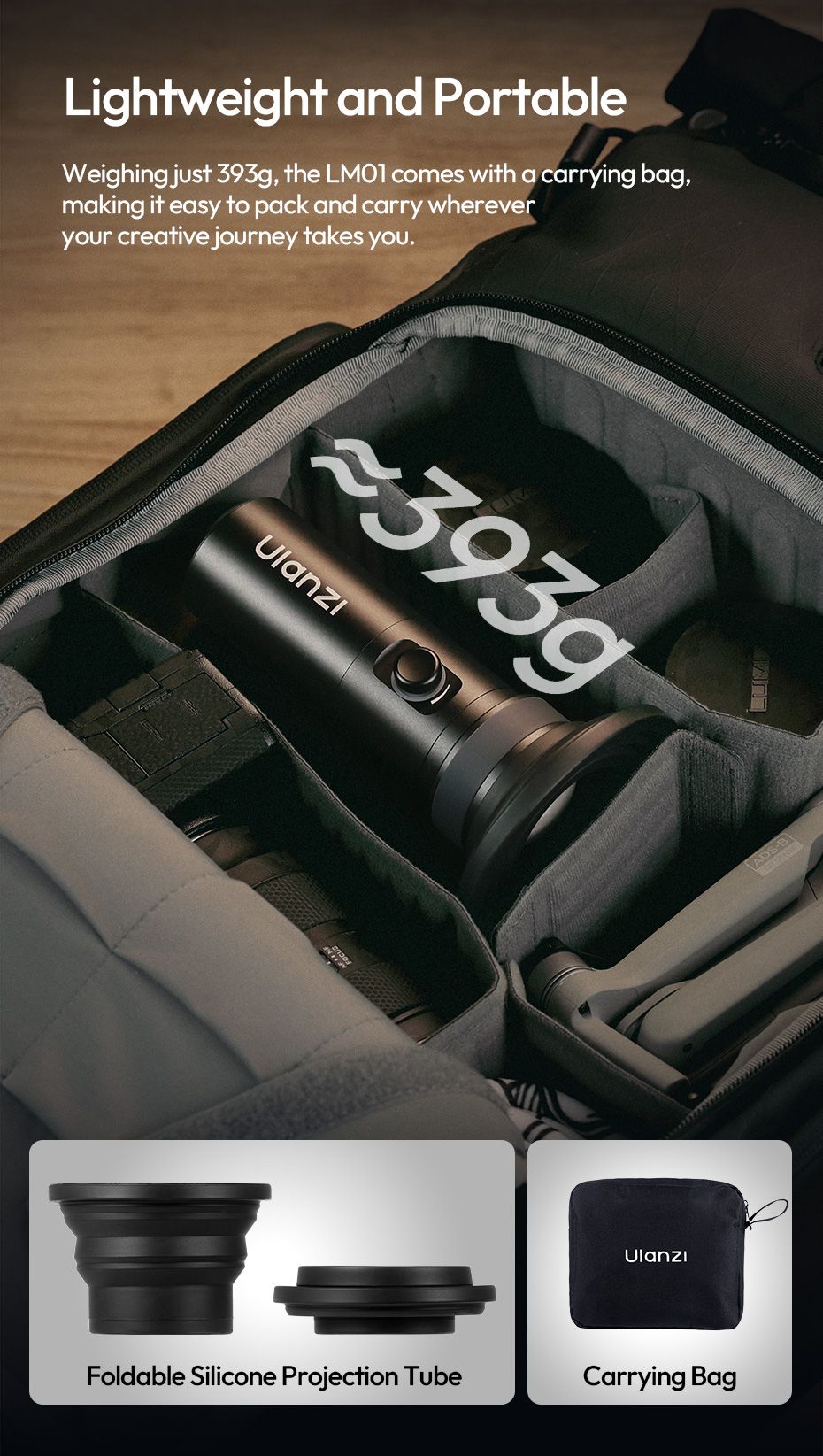 Ulanzi LM01 Luz LED RGB de Projeção com Gobos e Bateria 7500mAh para Vídeo