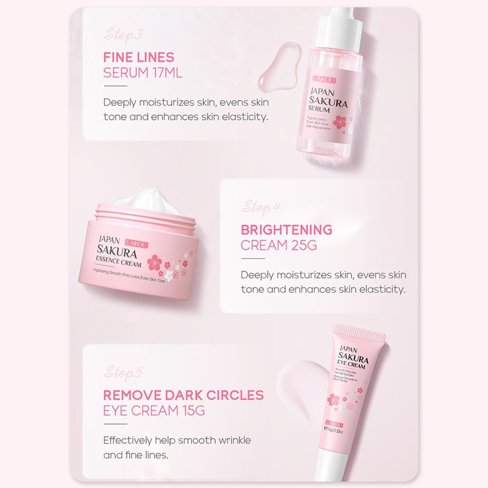Kit Sakura LAIKOU 3 ou 5 Peças – Cuidados com a Pele, Sérum, Tônico, Creme Facial e Creme para Olhos