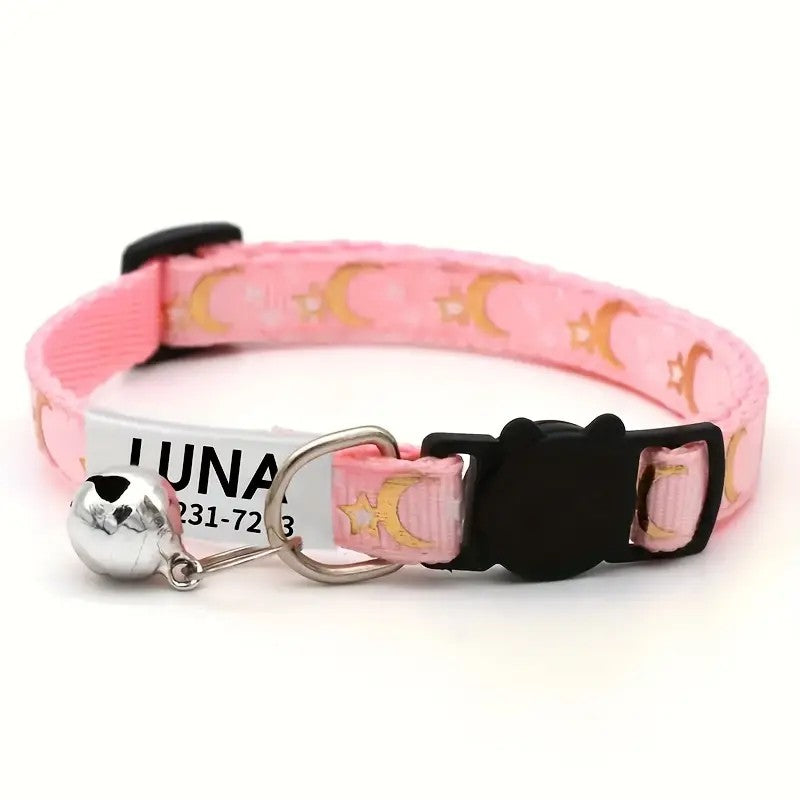 Coleira Personalizada Pet com Estrela e Lua + Plaquinha Gravada e Sino