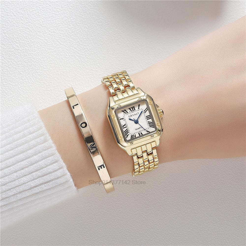 Relógio Feminino Luxo Quadrado Dourado com Números Romanos