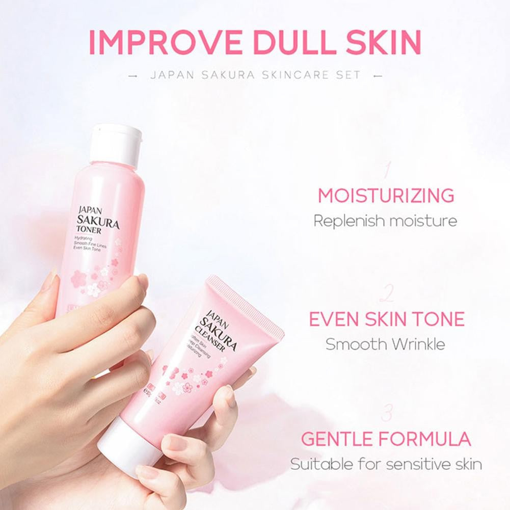 Kit Sakura LAIKOU 3 ou 5 Peças – Cuidados com a Pele, Sérum, Tônico, Creme Facial e Creme para Olhos