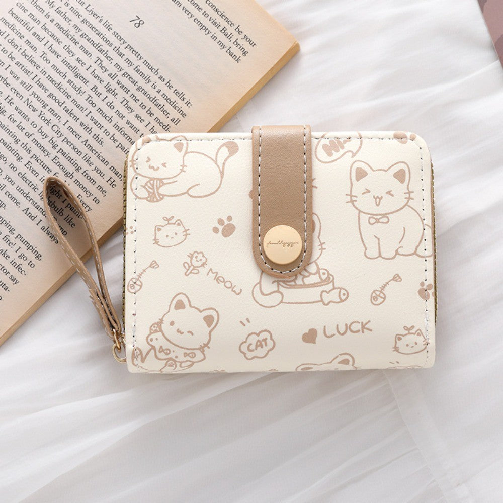 Carteira Feminina Compacta Gatinho Cute em Couro PU com Zíper