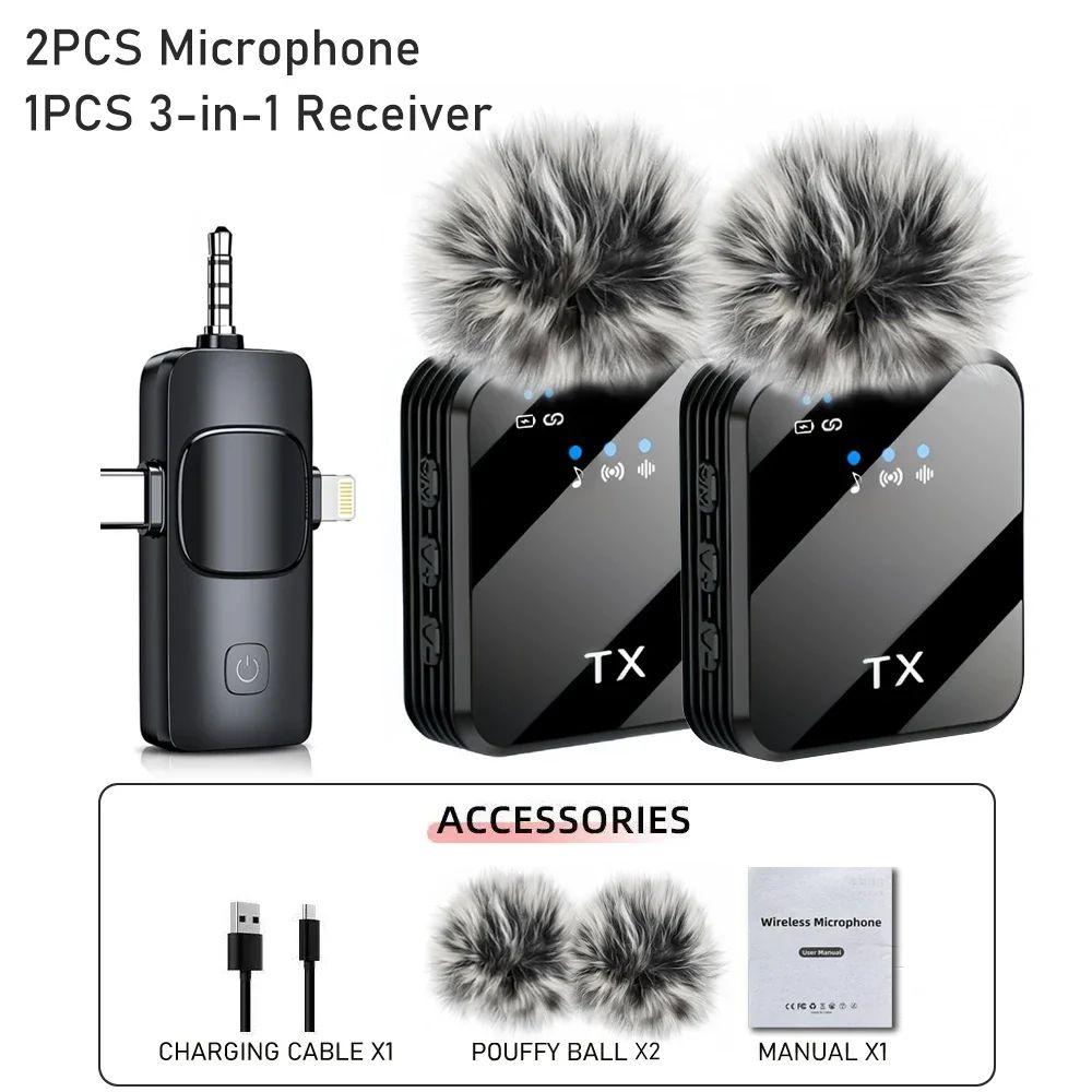 Microfone Lapela Sem Fio 3 em 1 para iPhone, Android e Câmera – Alta Qualidade