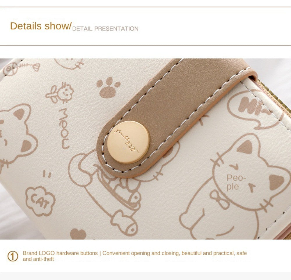 Carteira Feminina Compacta Gatinho Cute em Couro PU com Zíper