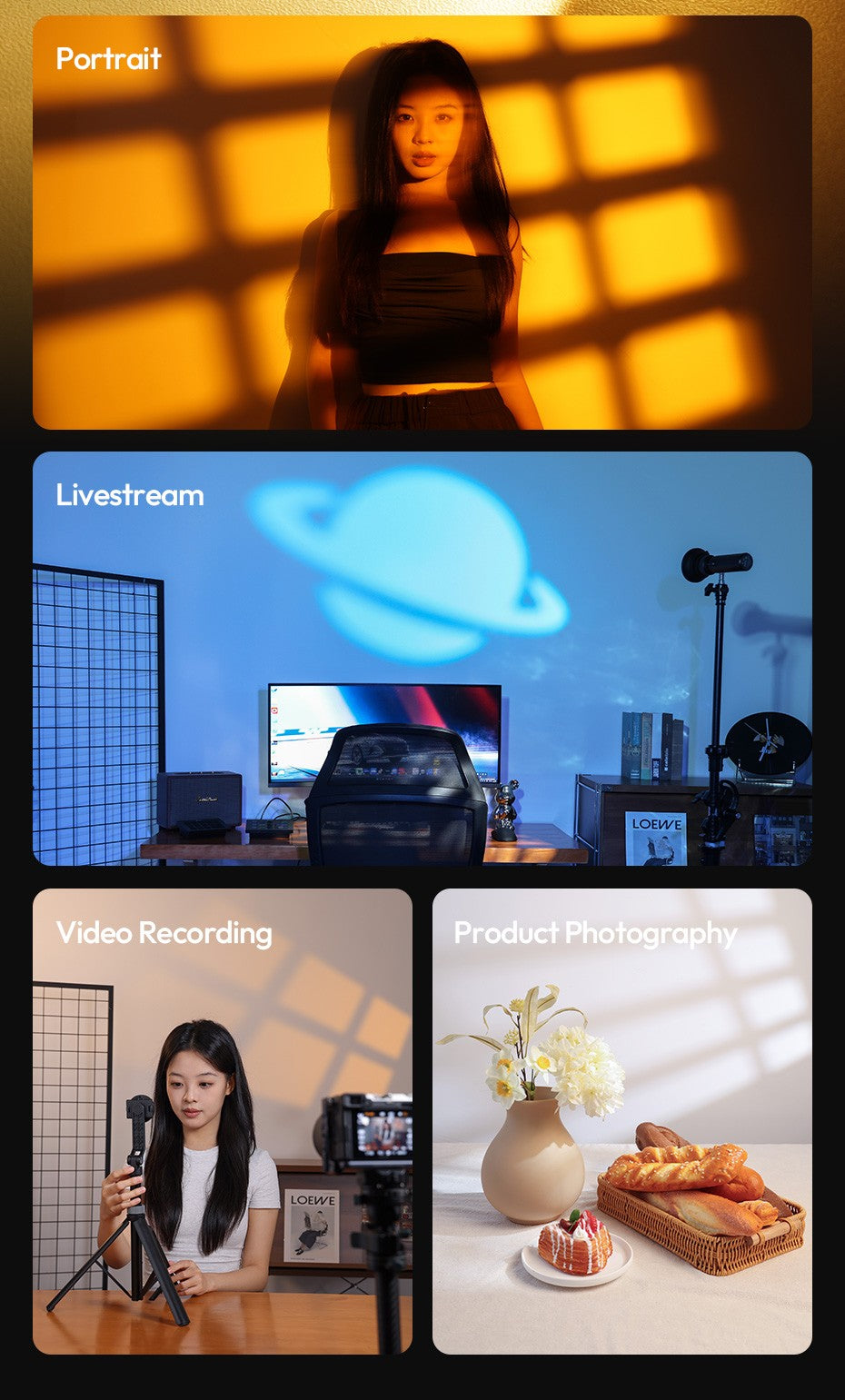 Ulanzi LM01 Luz LED RGB de Projeção com Gobos e Bateria 7500mAh para Vídeo